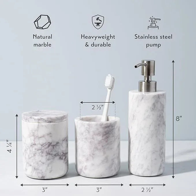 Cork & Mill Marble Bathroom Accessories Set, Complete 3 Piece Set with Soap Dispenser, Toothbrush Holder & Canister with Lid for Qtips, White Marble Bath Countertop Vanity Decor Organizer - ModernBath