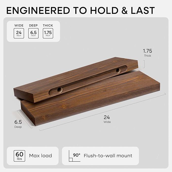 Homeforia Classic Walnut 24 inch Floating Shelf, High End Solid Real Wood Small 24inch Floating Shelves for Wall Mounted, 24in Floating Shelves, Heavy Duty Bracket, 24 X 6.5 X 1.75 inches, Set of 2 - ModernBath