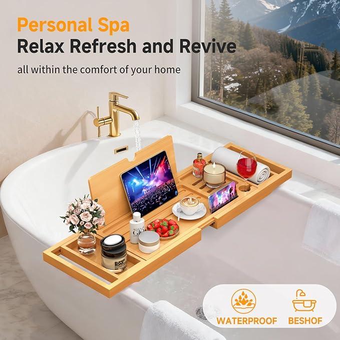 Premium Bamboo Bathtub Caddy Tray with Extending Sides, Adjustable Wood Bath Tray for Luxury Bath, Fits Most Tubs, Accessories Gift Idea - ModernBath