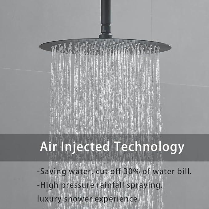 JingGang Matte Black Ceiling Mount Round Rain Shower System with 16 Inch Shower Head and Handheld Bathroom Shower Set Contain Shower Faucet Trim Kit (Mixer Valve Included) - ModernBath