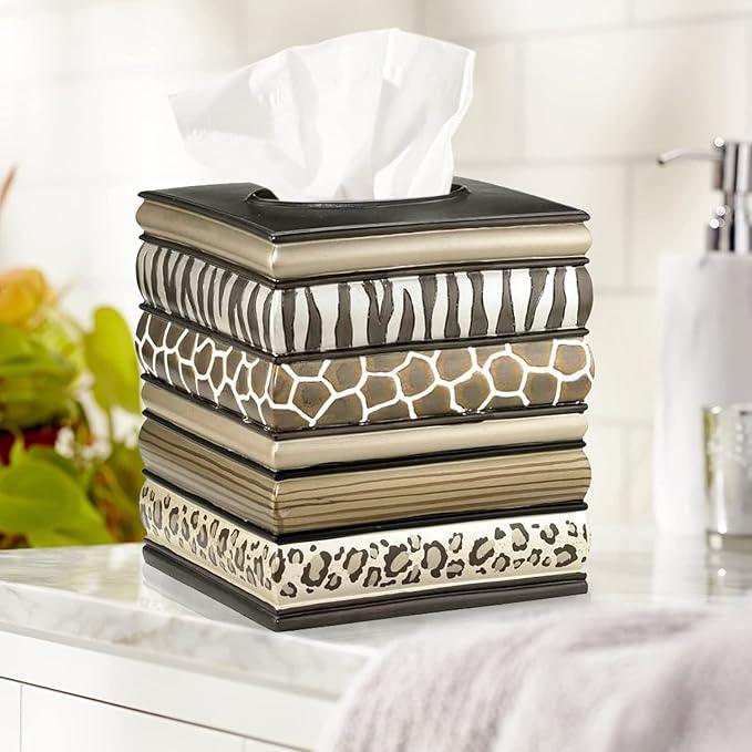 Zahari Home 2pc Safari Stripes Modern Bath Accessories Set Waste Basket & Tissue Box Modern Classic Contemporary Decorative Beautiful Designs Bathroom Decor Set for Home Luxury Bathroom Sets - ModernBath