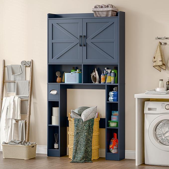 Over The Toilet Storage Cabinet, Farmhouse Toilet Cabinet Rack with Barn Doors, Space Saving Bathroom Organizer with Shelves, Toilet Paper Holder and Towel Rack for Bathroom,Restroom,Laundry,Blue - ModernBath