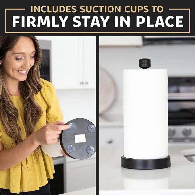 Dear Household Stainless Steel Paper Towel Holder Easy One-Handed Operation - This Sturdy Weighted Paper Towel Dispenser Countertop Model Has Suction Cups and Holds All Paper Towel Rolls - Black - ModernBath