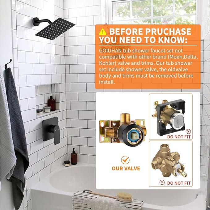 Black Shower Faucet Single Function Trim Kit with Rough-in Valve Set Bath Rainfall Shower System 8inch Square Stainless Steel Metal Shower Head - ModernBath