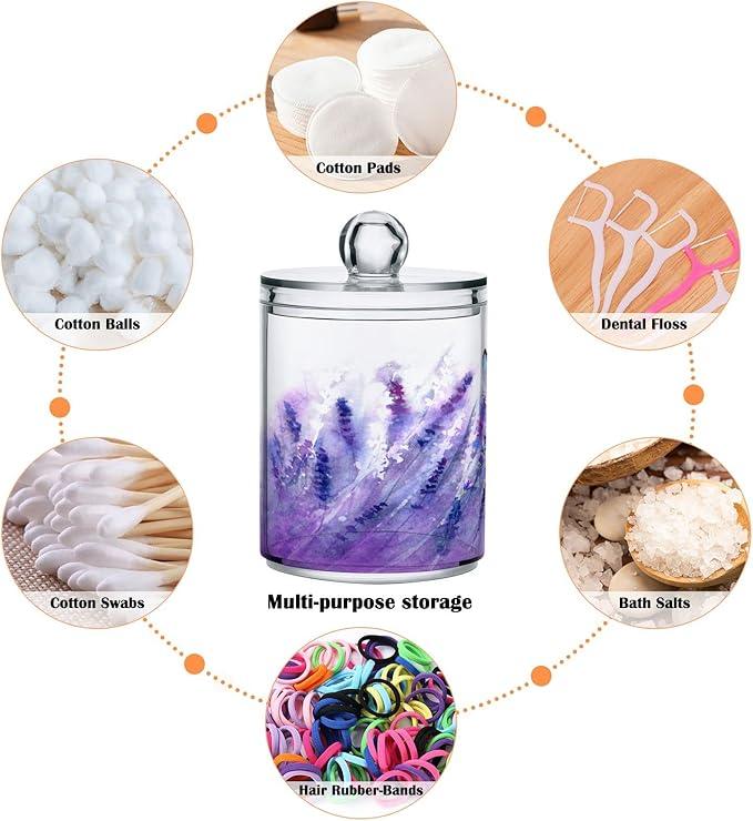 BOENLE 4 Pack Qtip Holder Dispenser Lavender Butterfly Purple Bathroom Storage Canister Lid Acrylic Plastic Apothecary Jar Set Vanity Makeup Organizer for Cotton Swab/Ball/Pad/Floss - ModernBath