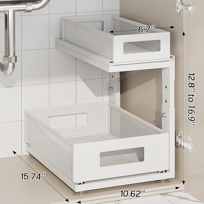 2 Pack Under Sink Organizer With Next-Gen Ball-Bearing Slides,2-Tier Pull Out Cabinet Storage,Height Adjustable Drawer Shelf for Bathroom,Kitchen,Laundry,Cabinet,Pantry(Patent Pending) - ModernBath