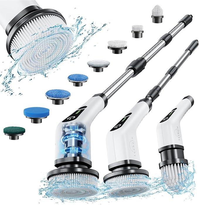 Leebein Electric Spin Scrubber, Cordless Cleaning Brush with 8 Replaceable Brush Heads, Tub and Floor Tile 360 Power Scrubber Dual Speed with Adjustable & Detachable Handle for Bathroom Kitchen Car - ModernBath