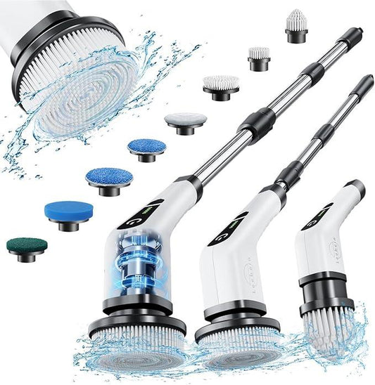 Leebein Electric Spin Scrubber, Cordless Cleaning Brush with 8 Replaceable Brush Heads, Tub and Floor Tile 360 Power Scrubber Dual Speed with Adjustable & Detachable Handle for Bathroom Kitchen Car - ModernBath