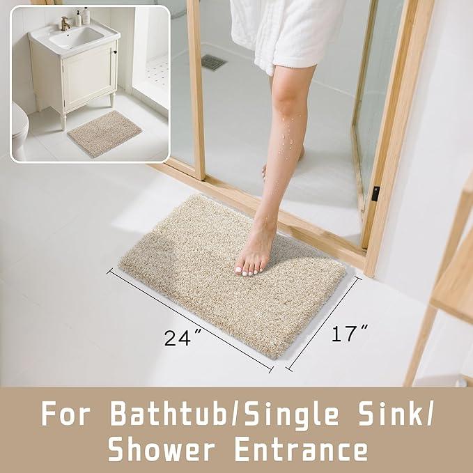 Yimobra Bathroom Rugs Non Slip Washable, Ultra Soft and Water Absorbent Bath Mats, Plush Fluffy Shower Mat Outside, Microfiber Thick Matts for Bathroom Floor/Sink, 24x17, Light Beige and White - ModernBath