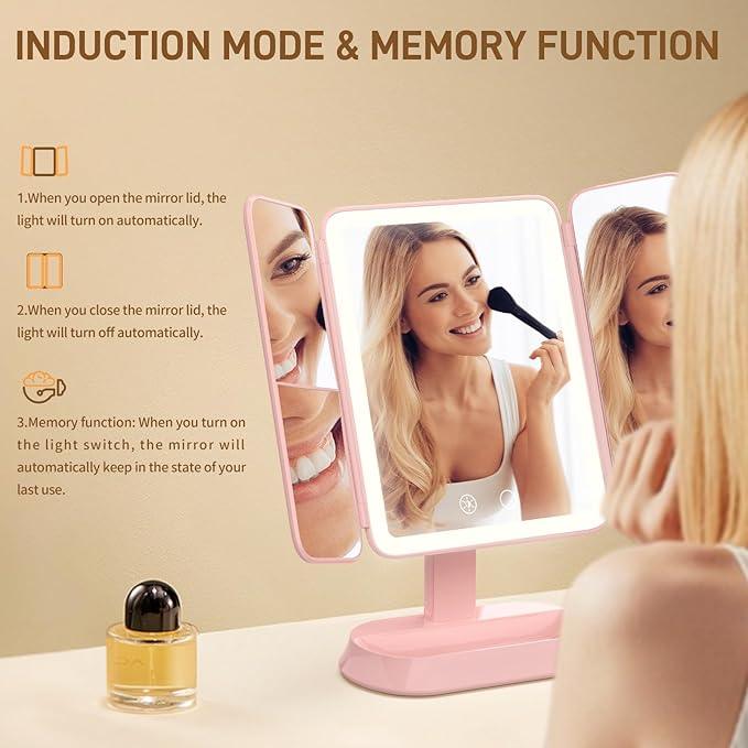 FRANO Rechargeable Trifold Makeup Mirror with Lights, 1X/3X/5X Magnification, Cordless 3-Color LED Vanity Mirror for Travel & Desk, Up to 20H Use, Ideal Gift for Women & Teens - Pink - ModernBath