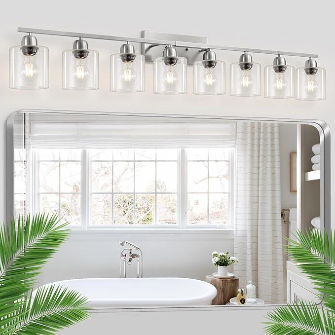 FAISHILAN Modern Brushed Nickel 8 Light Bathroom Light Fixtures,52 inch Vanity Lights for Bathroom with Clear Glass for Mirror Kitchen Living Room Hallway Cabinet Porch - ModernBath