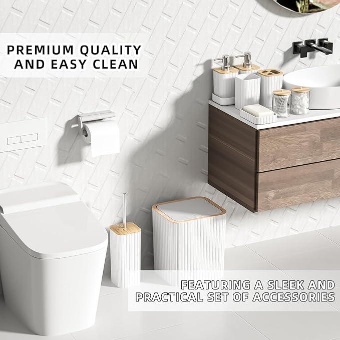XLHOMO Bathroom Accessories Set - Elegant White Bathroom Set, 10PC Bathroom Accessory Set, Toilet Brush, Trash Can, Qtip Holder Dispenser & Soap Dispenser - ModernBath