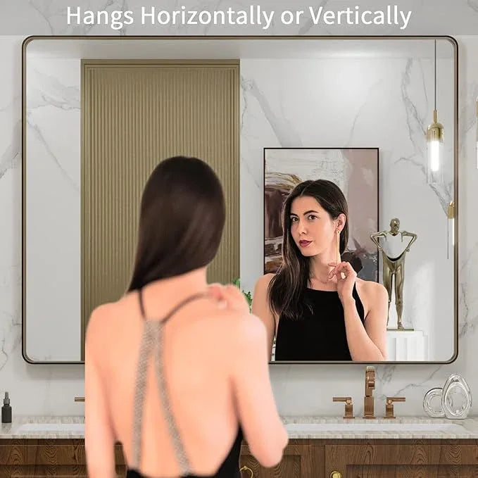 LOAAO 48”X36” Bronze Bathroom Mirrors for Vanity, Rounded Rectangle Brushed Bronze Metal Frame Mirror, Anti-Rust, Tempered Glass, Hangs Horizontally or Vertically - ModernBath