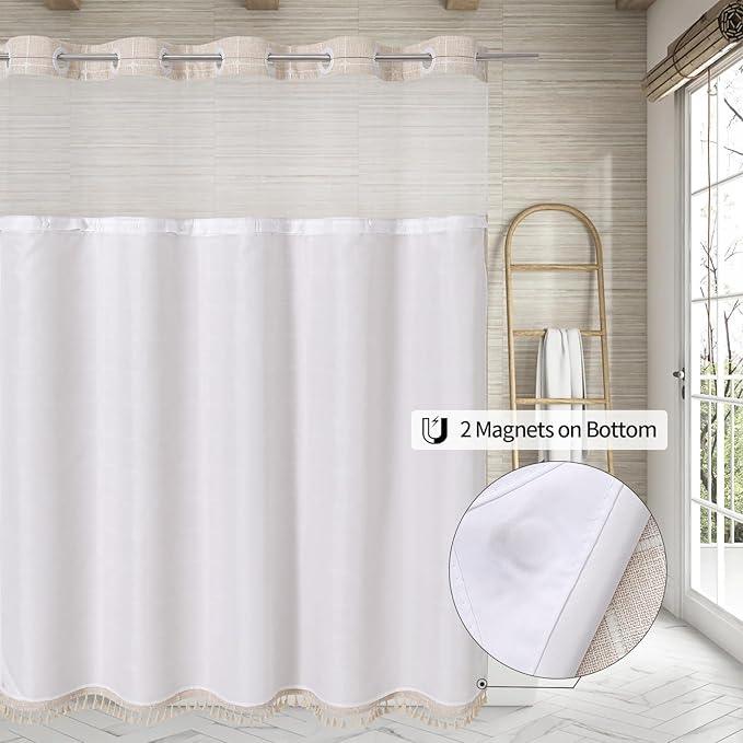 MitoVilla No Hooks Required Farmhouse Shower Curtain with Snap-in Liner - with Window & Magnets, Boho Cotton Linen Fabric Shower Curtains with Tassels for Rustic Bathroom Decor, Beige/Cream, 72 x 74 - ModernBath