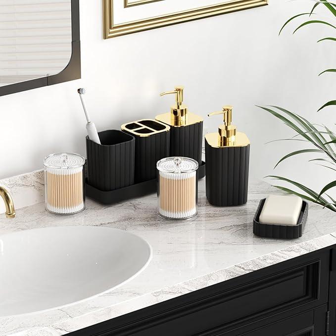 XLHOMO Bathroom Accessories Set - Gorgeous Black Bathroom Set, 10PC Bathroom Accessory Set, Toilet Brush, Trash Can, Qtip Holder Dispenser & Soap Dispenser - ModernBath
