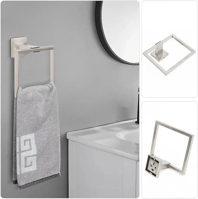 NearMoon 5 Pieces Bathroom Hardware Set 304 Stainless Steel, Square Towel Rack Kit - 24" Towel Rod + Towel Ring + Toilet Paper Holder + 2 Robe Hooks, Wall Mounted Bath Accessories (Brushed Nickel) - ModernBath