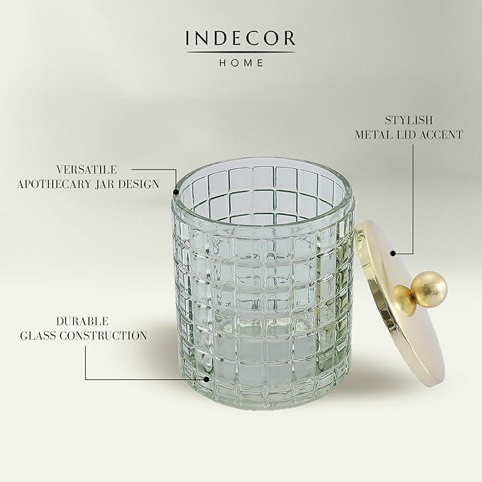 Indecor Home Sage Colored Tranlucent Apothecary Etched Geometric Grid Glass Jar W/Gold Metal Lid Cover for Bathroom Organization, Cotton Balls, Q Tips, and Small Accessories, Bathroom Storage - ModernBath
