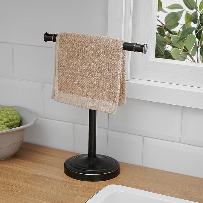 RUMOSE 13 Inch Oil Rubbed Bronze Towel Stand Hand Towel Holder Bathroom Kitchen Vanity Countertop T-Shape Towel Rack Free Standing Stainless Steel Towel Bar Towel Ring - ModernBath