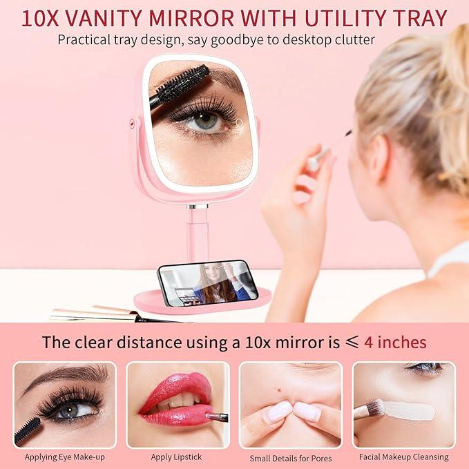 Lighted Makeup Mirror, 2600mAh Rechargeable 1x/10x Magnifying Vanity Mirror, 8.5" Height Adjustable Makeup Mirror with Lights 3 Color, 360° Rotation 2-Sided Light up Large Desk Mirror - Pink - ModernBath