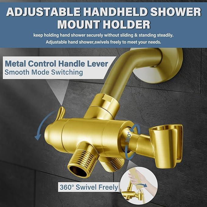 Metal Shower Arm Diverter with Handheld Mount, G1/2" 3-Way Shower Diverter Valve Bathroom Universal Showering System Replacement for Handheld Wand and Fixed Sprayer, Brushed Gold - ModernBath