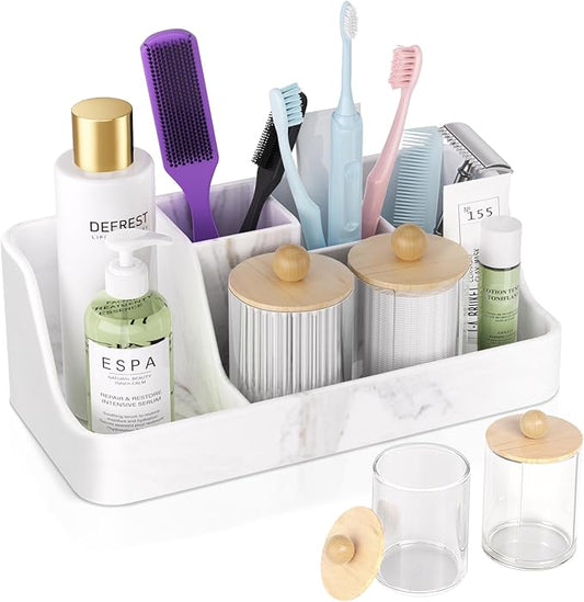Polinook Marble Bathroom Countertop Organizer - Silicone Bathroom Vanity Countertop Organizer - Tooth Brush Organizer With 2PCS Qtip Holder Dispenser - Toothpaste Holder Drainage - Bathroom Essentials