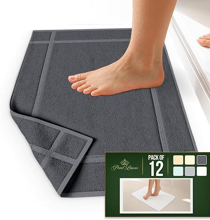 Pearl Linens 100% Ring Spun Cotton Bath Mat (Pack of 12) 20 x 30 Inch, Washable, Soft & Absorbent Terry Bathroom Floor Mat – Not Bathroom Rugs – Quick-Dry After Shower Bath Mat, 687 GSM, Dark Grey - ModernBath