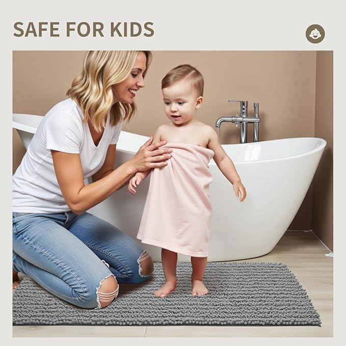 Ruggnovea Chenille Bathroom Rugs Non Slip Washable 36x24, Extra Thick Soft Absorbent Chenille Bath Mat, Non-Slip Barrier Backing, Quick Dry Machine Washable Bath Mats Tub, Shower,Floor/Sink,Grey - ModernBath