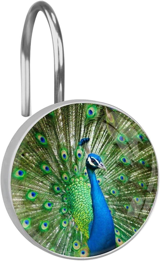 12pcs Shower Curtain Hooks,The Peacock Shows its Tail Decorative Shower Curtain Hanger Rings Roller, Stainless Steel Round Shower Rings Hangers for Bathroom - ModernBath