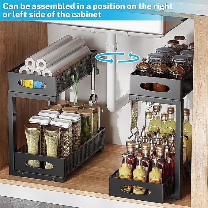 Under Sink Organizer, 2-Tier Pull Out Cabinet Organizer with Adjustable Height, Use in Kitchen Bathroom Cabinet and Countertop Storage, Black - ModernBath