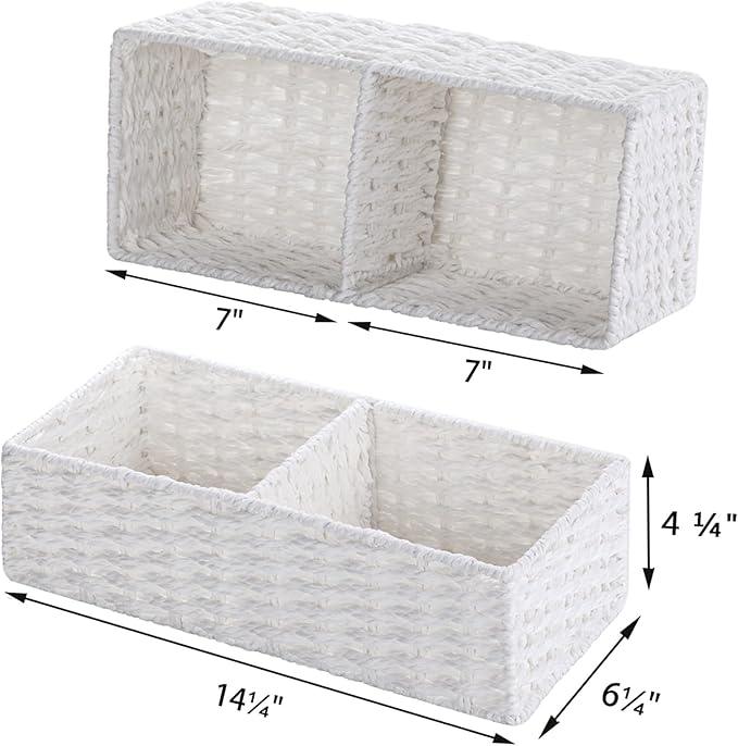 Vagusicc 2 Section Wicker Storage Basket, Wicker Baskets for Storage, Toilet Paper Basket for Toilet Tank Top, Small Wicke Baskets for Organizing Shelves, 2-Pack, White - ModernBath