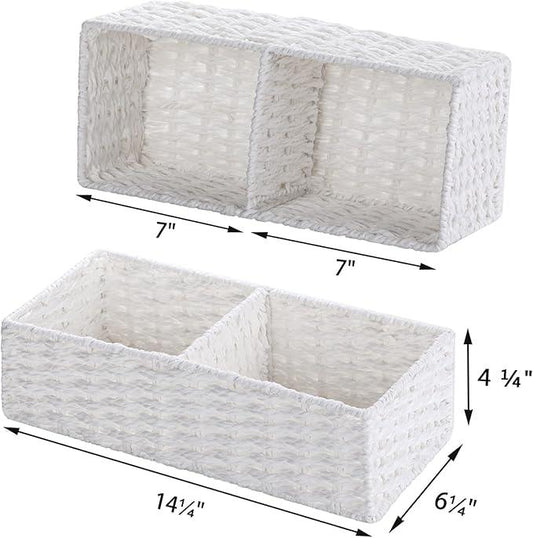 Vagusicc 2 Section Wicker Storage Basket, Wicker Baskets for Storage, Toilet Paper Basket for Toilet Tank Top, Small Wicke Baskets for Organizing Shelves, 2-Pack, White - ModernBath