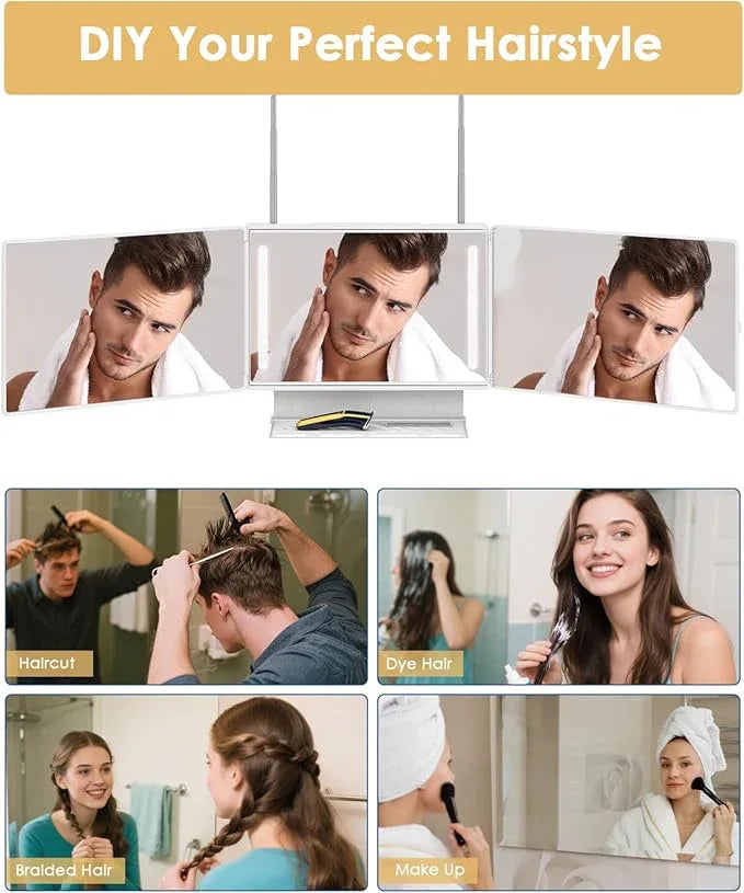 Dripex 3 Way Mirror with Storage Shelf and 3 Color LED Lights, Rechargeable Trifold Self Haircut 360° Mirror with Height Adjustable Hooks, for Makeup, Styling, Shaving, Braiding, Dye Hair (White) - ModernBath