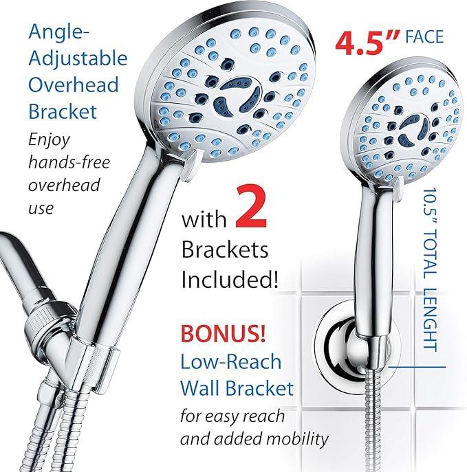 AquaCare High Pressure 8-mode Handheld Shower Head - Anti-clog Nozzles, Built-in Power Wash to Clean Tub, Tile & Pets, Extra Long 6 ft. Stainless Steel Hose, Wall & Overhead Brackets - ModernBath
