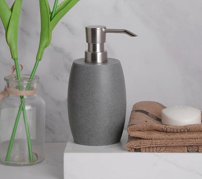 Clasin Home Sandstone Textured Resin Soap Dispenser with Metallic Pump and Waterproof Bottle Labels for Bathroom Kitchen Dish Hand Wash Shower Lotion Shampoo, 12 Oz, Gray - ModernBath