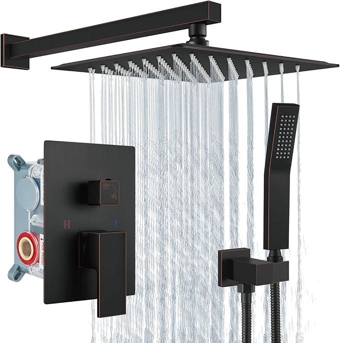 Aolemi Shower Faucet Set Rain Shower System with Handheld Spray Bathroom Shower Combo Rough-in Valve and Shower Trim Kit Included Oil Rubbed Bronze 12 Inch Wall Mount Shower Head - ModernBath