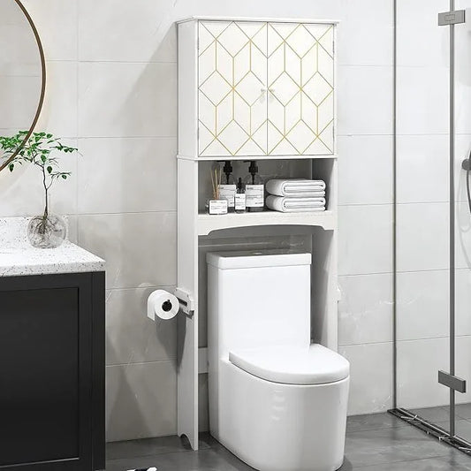 Over The Toilet Storage Cabinet with Gold Trim, Modern Bathroom Organizer Over Toilet with Adjustable Shelves and Toilet Paper Holder for Bathroom (White) - ModernBath