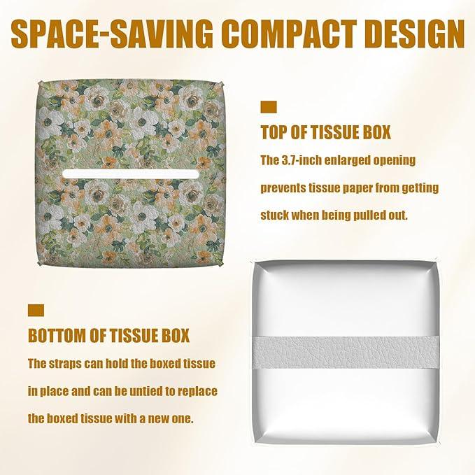 Watercolor Flower Tissue Box Cover 2PCS, Leather Tissue Box Holder Square Facial Paper Case Tissue Box Cube Organizer for Bathroom Bedroom Desk Office - ModernBath