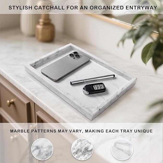 Homaura Marble Bathroom Tray for Countertop & Home Decor, Natural Decorative Marble Tray for Jewelry & Perfume Organizer, Luxury Stone Vanity Trays for Dresser, Kitchen Counter, 12" x 8", White - ModernBath
