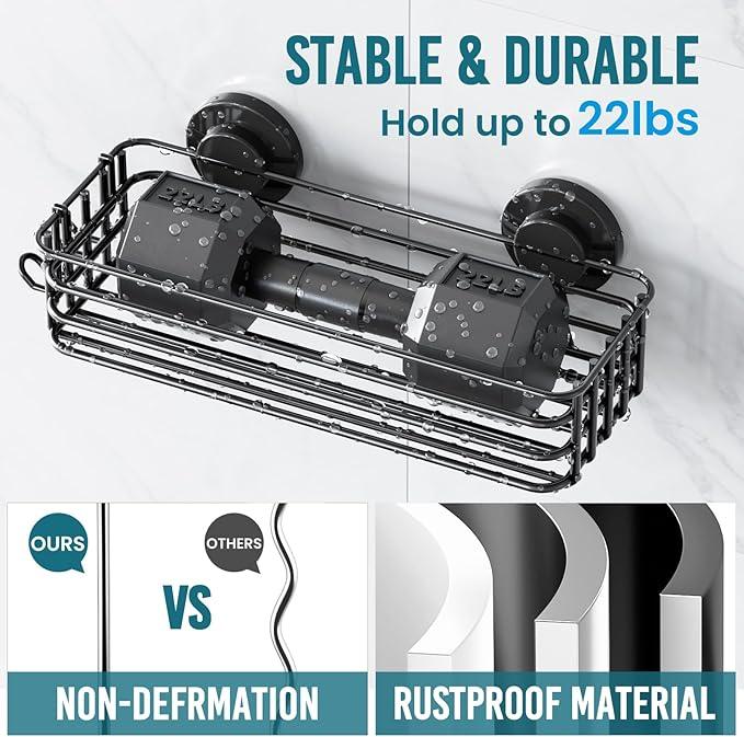TAILI Shower Caddy Suction Cup, 3 Pack Shelves for Inside with Hooks & Soap holder Toothbrush Cups, Removable Bathroom Organizer, Rustproof Black Holder Storage-Black - ModernBath