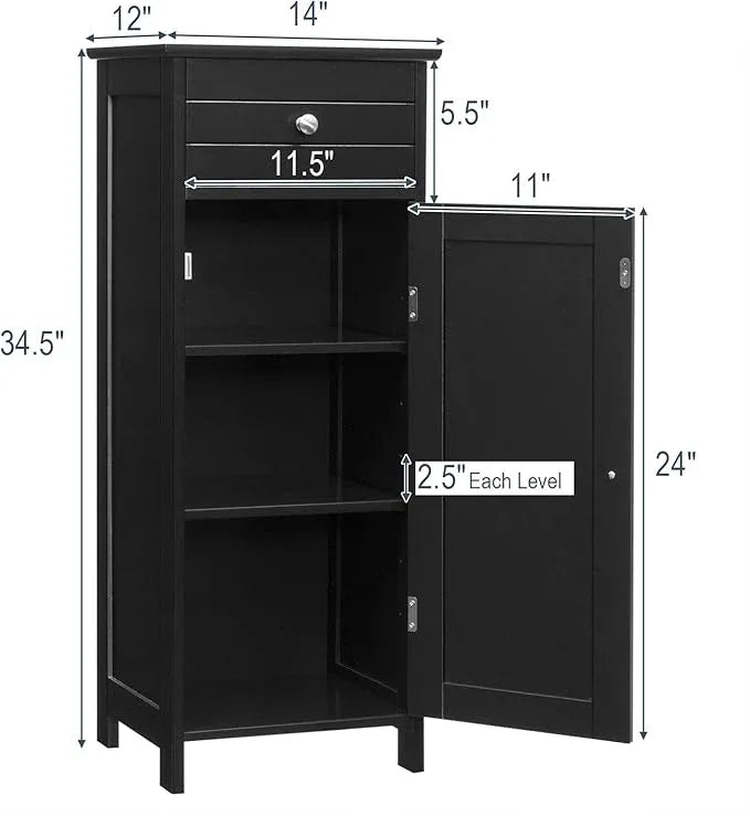 Tangkula Bathroom Floor Cabinet, Wooden Side Storage Organizer, Free-Standing Single Door Floor Storage Cabinet with Large Drawer & 2 Adjustable Shelves for Living Room Kitchen (Black) - ModernBath