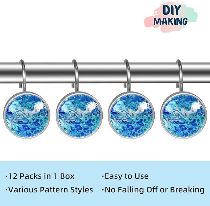12 Pcs Decorative Shower Curtain Hooks, Rust Proof Glass Surface Stainless Steel Rings for Bathroom Bedroom Kitchen Home Bath Room Rods Decor (Turquoise Liquid Texture) - ModernBath