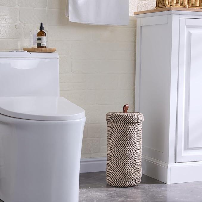 Toilet Paper Holder, Boho Decor Toilet Paper Storage Stand for Bathroom,Cotton Handmade Woven Paper Basket for Mega Roll,3 Rolls of Toilet Tissue Storage (Black) - ModernBath