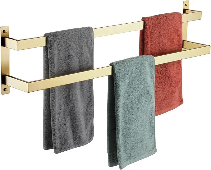KOKOSIRI Bath Towel Bars Bathroom 2-Tiers Ladder Brushed Gold Towel Rails 32-Inch Towel Holders Wall Mounted Towels Shelves Rack Stainless Steel, B5008BG-L32 - ModernBath