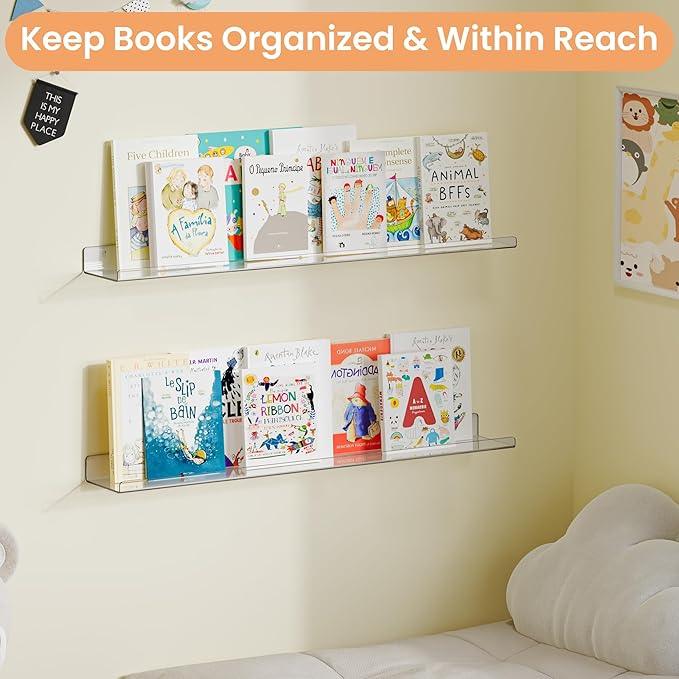 upsimples 2 Pack 35.5x5.5 Inches Acrylic Shelves for Wall Storage, Floating Bookshelves for Kids, Display Shelf Organizer for Bathroom, Bedroom, Living Room, Kitchen, Clear - ModernBath