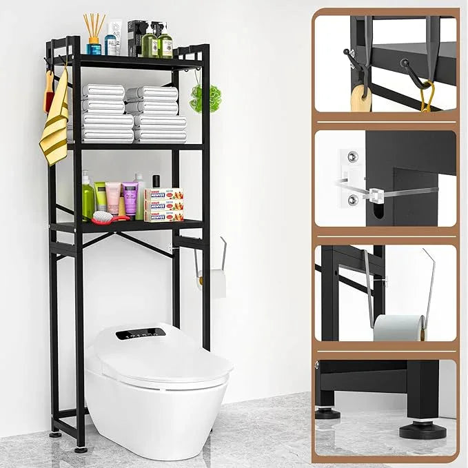 ZZL Over The Toilet Storage,3-Tier,Bathroom Toilet Organizer,Multifunctional Space Saver Freestanding Bathroom Shelves with 4 Hooks,Black - ModernBath