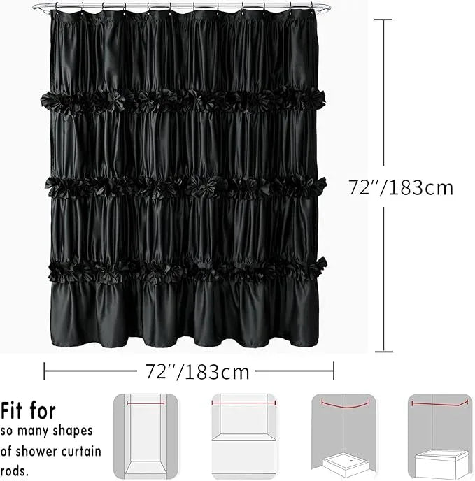 Homechoice Decor Black Ruffle Shower Curtain, Vintage Handcrafted Bow Tie Bath Curtain for Master Bathroom, Ruched Satin Bathroom Curtain with 12 Buttonholes, 72" W x 72" H (LQ-10) - ModernBath