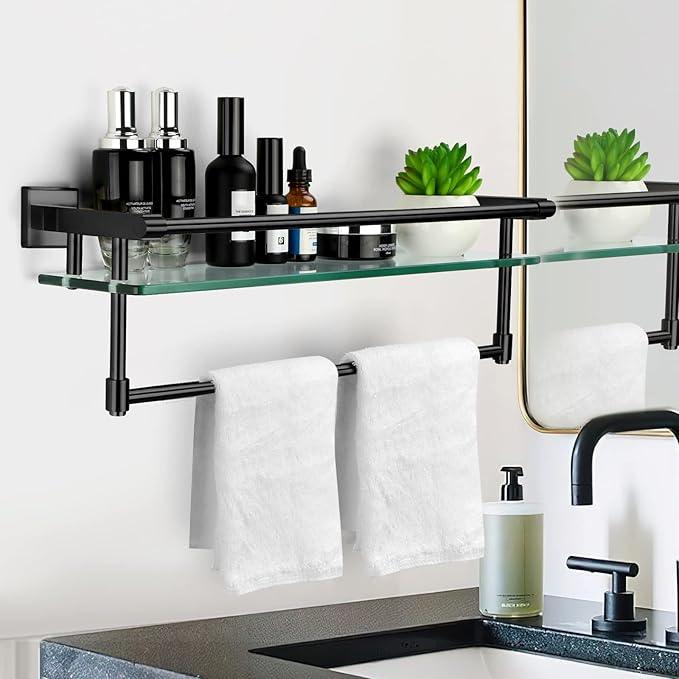 20-inch Glass Shelf with Towel bar, Matte Black-Finished Rail, Rectangular Stainless Steel Shelf, Wall-Mounted Storage Rack - ModernBath