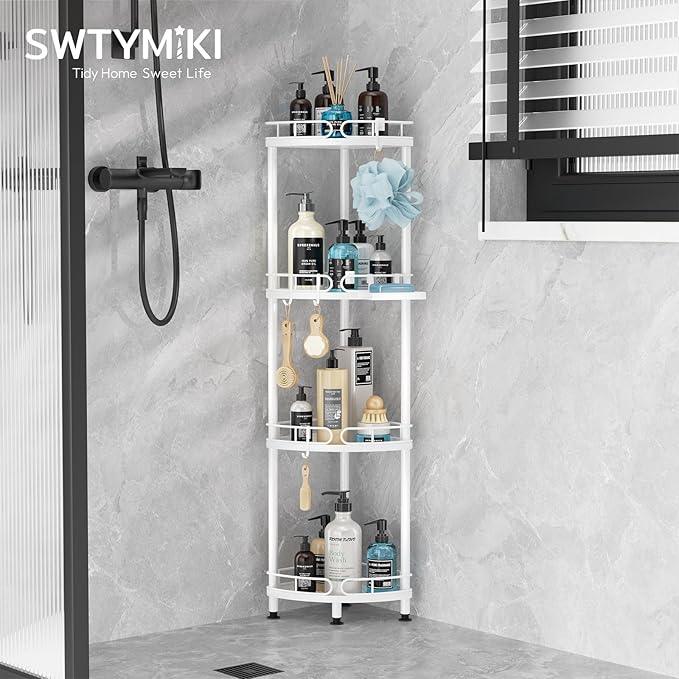 SWTYMIKI Corner Shower Caddy Standing - 4 Tier Stainless Steel Shower Organizer Stand with 4 Hooks & Soap Holder, Rustproof Metal Standing Tall Floor Shower Shelf and Bathroom Organizer, White - ModernBath