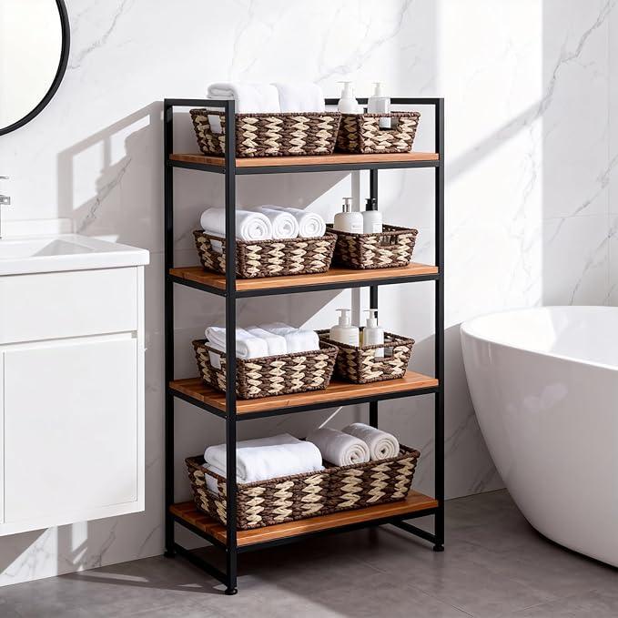 Paper Rope Storage Baskets for Shelves Organizing, Small Hand Woven Wicker Organizer Basket with Handle for Bathroom Toilet Paper Storage, Beige and Brown, 3-Pack - ModernBath