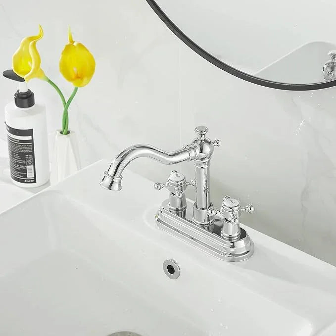GGStudy Polished Chrome Bathroom Faucet 2 Handles 4 Inches Centerset Bathroom Vanity with Drain Assembly and Supply Hose Lavatory Faucet - ModernBath